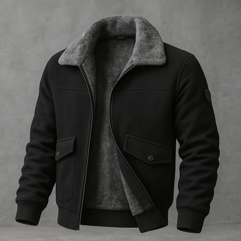Men's Faux Fur Collar Bomber Jacket, Fleece Lined Zip Up Winter Jacket
