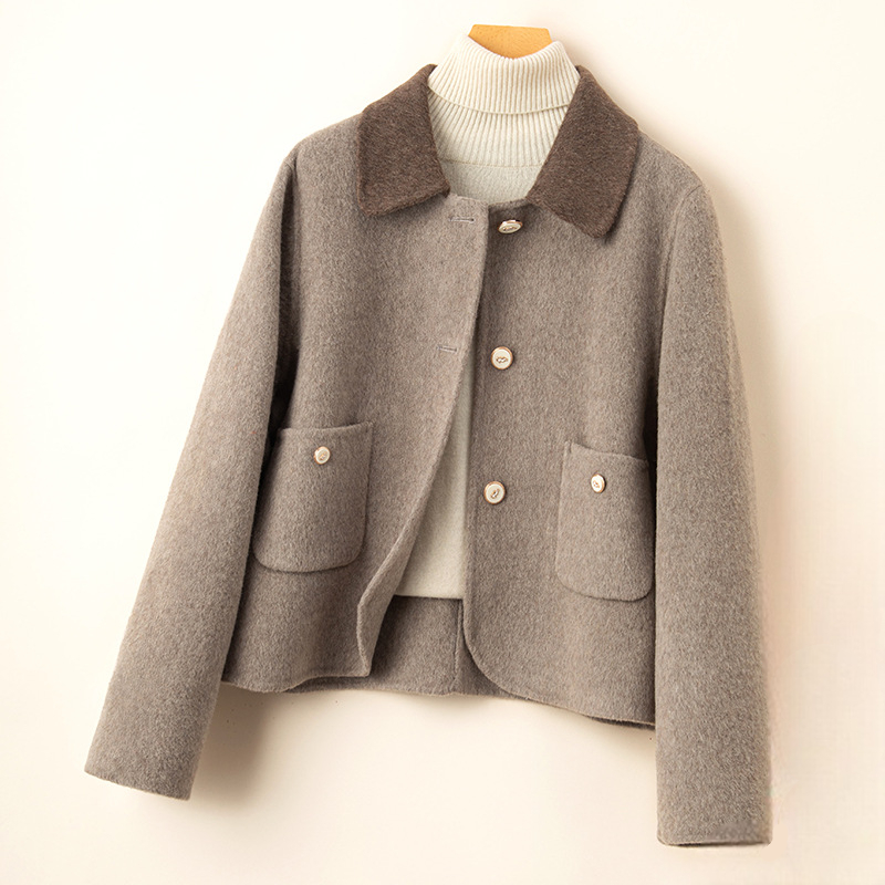 Women's Cropped Brushed Jacket, Button Front Round Collar Patch Pocket Jacket