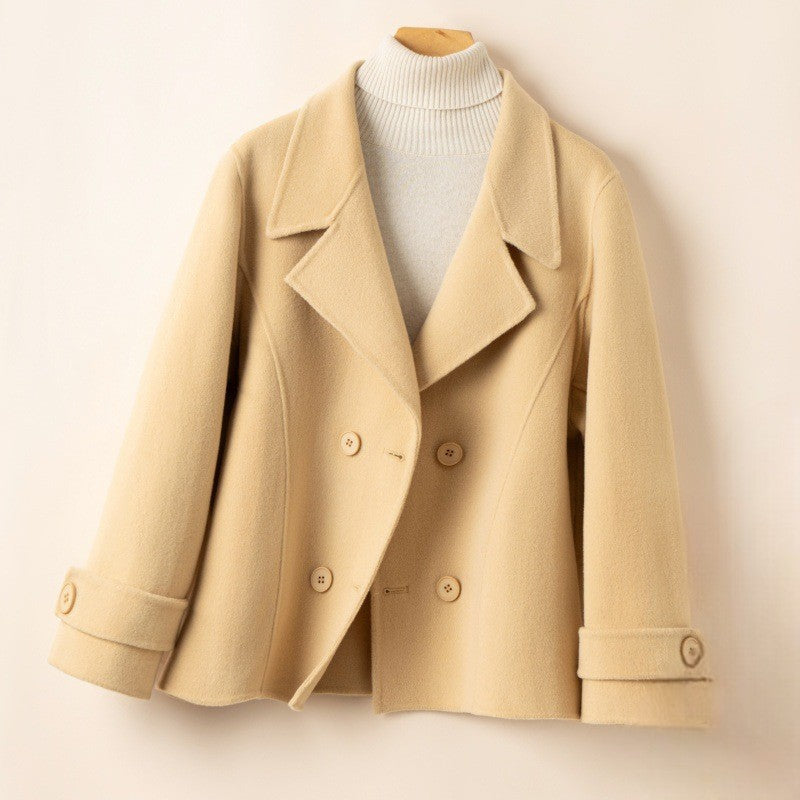 Women's Double Breasted Pea Coat, Short Notch Lapel Brushed Winter Coat