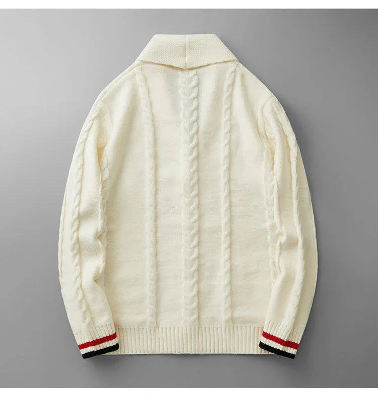 Men's Cable Knit Shawl Collar Cardigan, Striped Cuff Button Front Sweater