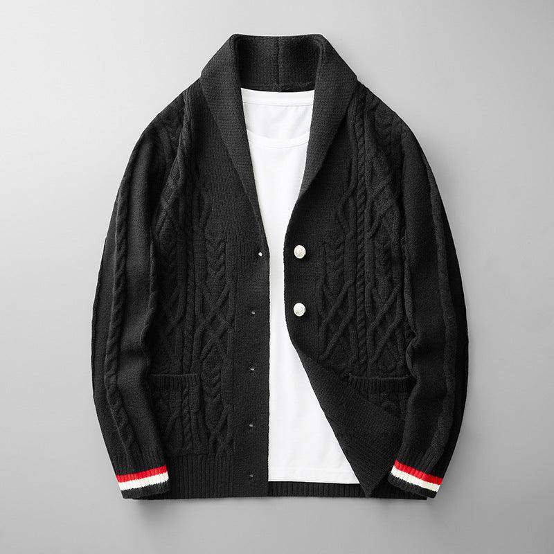 Men's Cable Knit Shawl Collar Cardigan, Striped Cuff Button Front Sweater