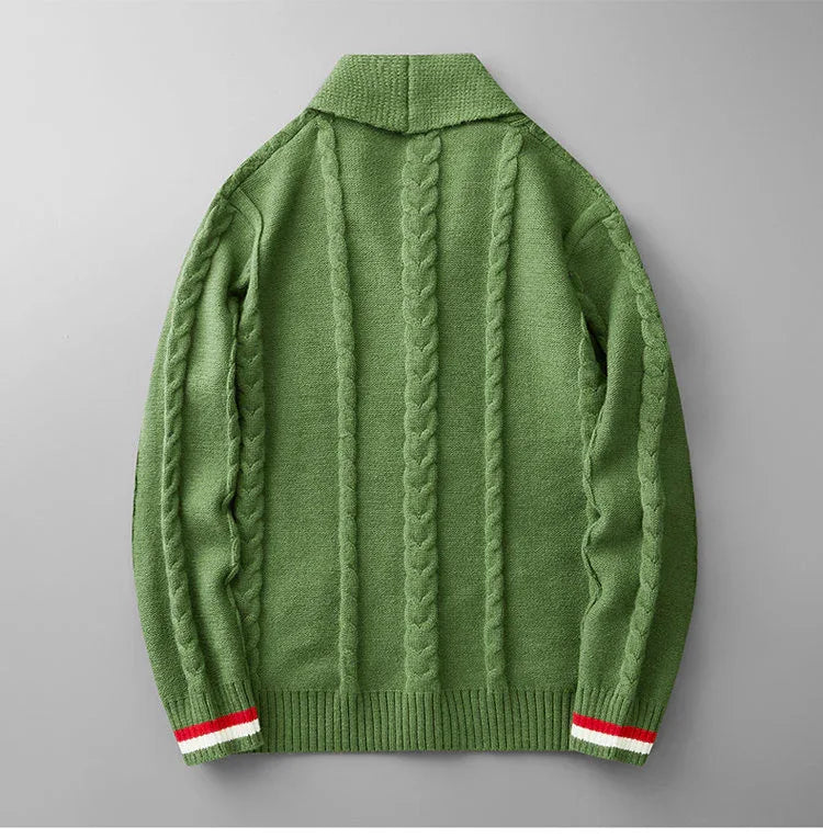 Men's Cable Knit Shawl Collar Cardigan, Striped Cuff Button Front Sweater