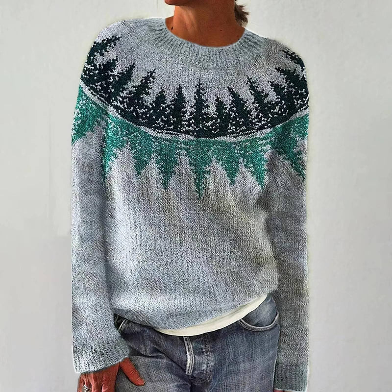 Women's Pine Tree Knit Sweater, Fuzzy Fair Isle Crewneck Pullover
