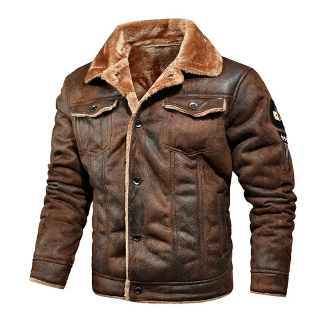 Men's Faux Suede Sherpa Trucker Jacket, Snap Front Patch Sleeve Winter Jacket
