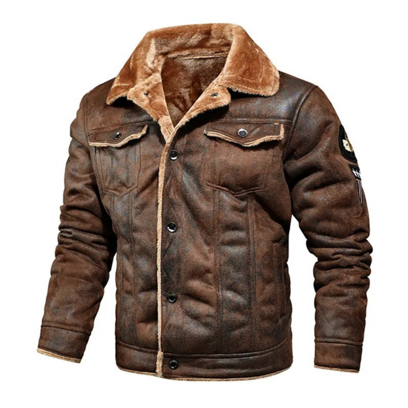 Men's Faux Suede Sherpa Trucker Jacket, Snap Front Patch Sleeve Winter Jacket