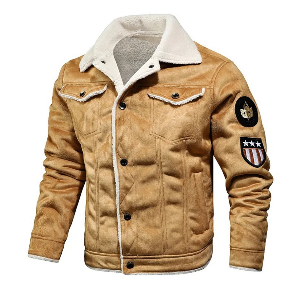 Men's Faux Suede Sherpa Trucker Jacket, Snap Front Patch Sleeve Winter Jacket