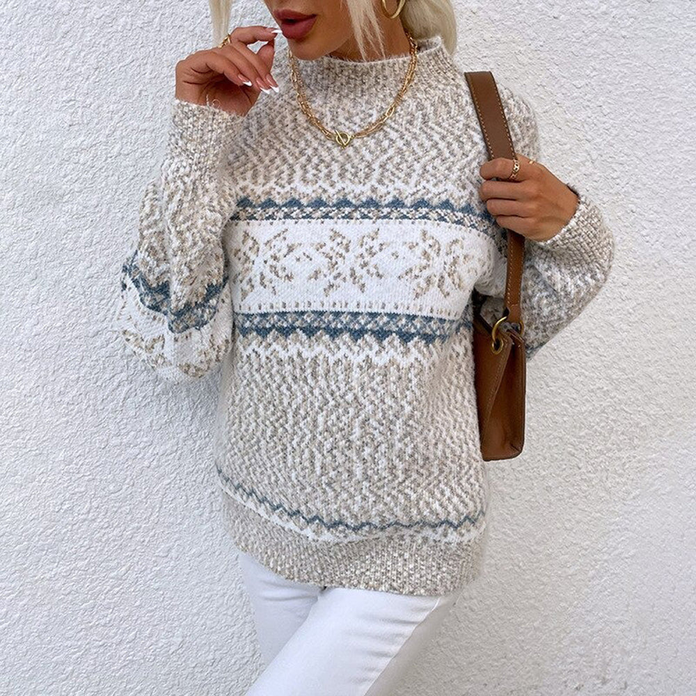 Women's Snowflake Band Knit Sweater, Speckled Mock Neck Relaxed Pullover