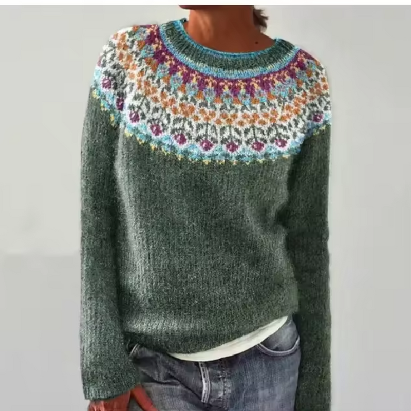 Women's Bright Floral Fair Isle Yoke Sweater, Fuzzy Crewneck Knit Pullover