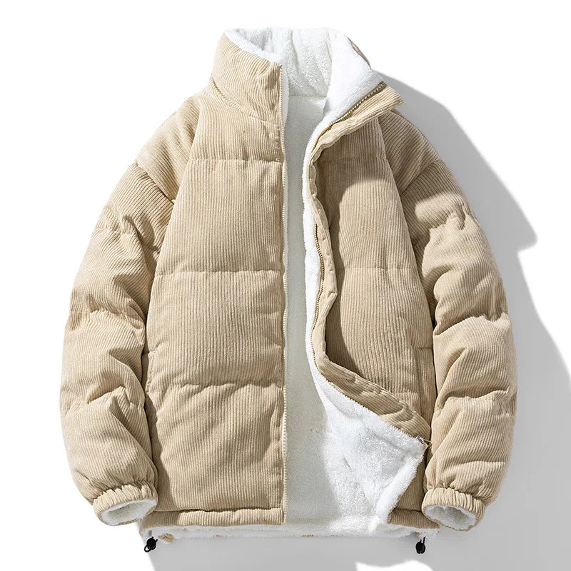 Men's Corduroy Puffer Jacket, Sherpa Lined Stand Collar Zip Up Winter Coat