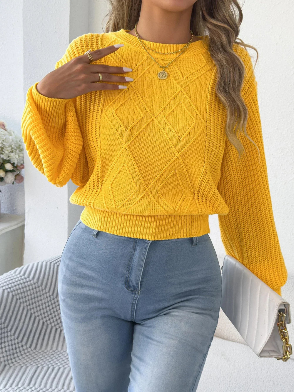 Women's Cropped Cable Knit Sweater, Balloon Sleeve Crewneck Pullover
