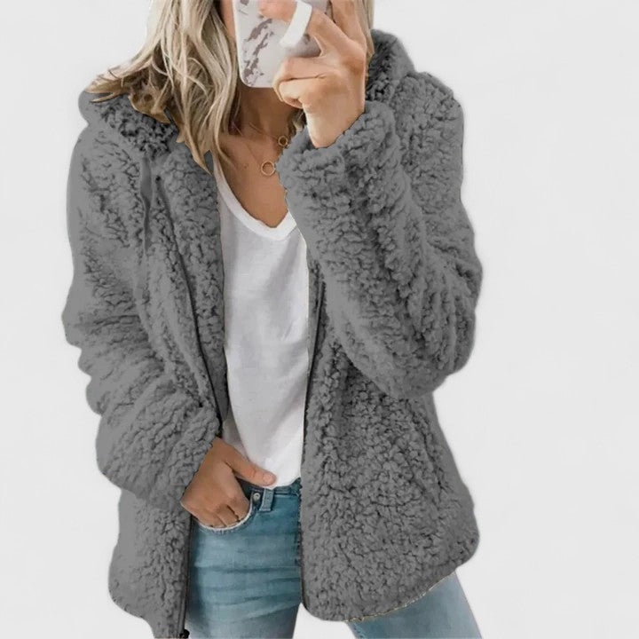 Women's Hooded Teddy Fleece Jacket, Fuzzy Relaxed Fit Winter Coat