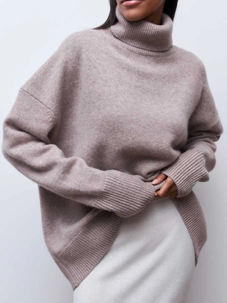 Women's Oversized Turtleneck Sweater, Soft Knit Drop Shoulder Winter Pullover