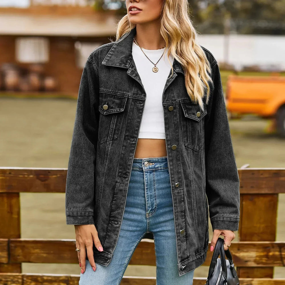Women's Oversized Denim Jacket, Longline Button Front Trucker Jacket