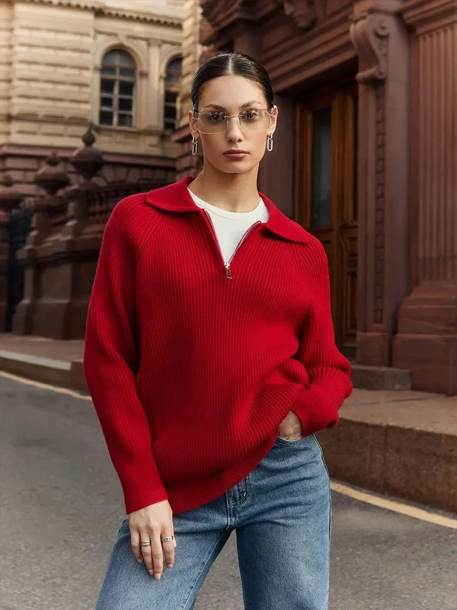 Women's Ribbed Knit Quarter Zip Sweater, Wide Collar Relaxed Pullover