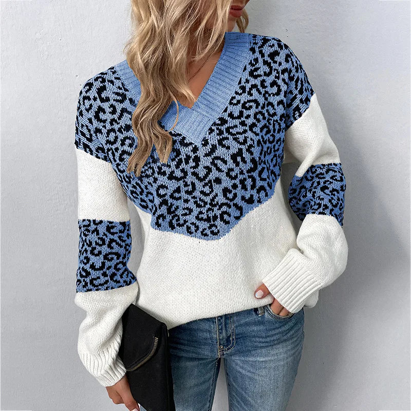 Women's Leopard Print V-Neck Sweater, Color Block Sleeve Stripe Knit Pullover