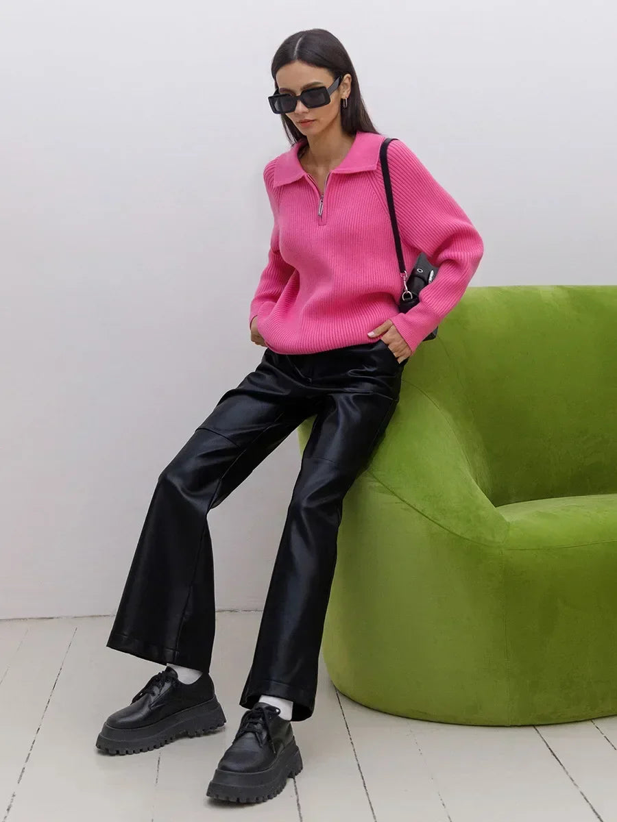Women's Ribbed Knit Quarter Zip Sweater, Wide Collar Relaxed Pullover