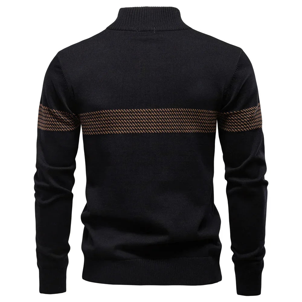 Men's Fine Knit Quarter Zip Sweater, Textured Chest Band Mock Neck Pullover