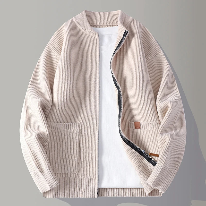 Men's Ribbed Knit Zip Up Jacket, Stand Collar Sweater Jacket