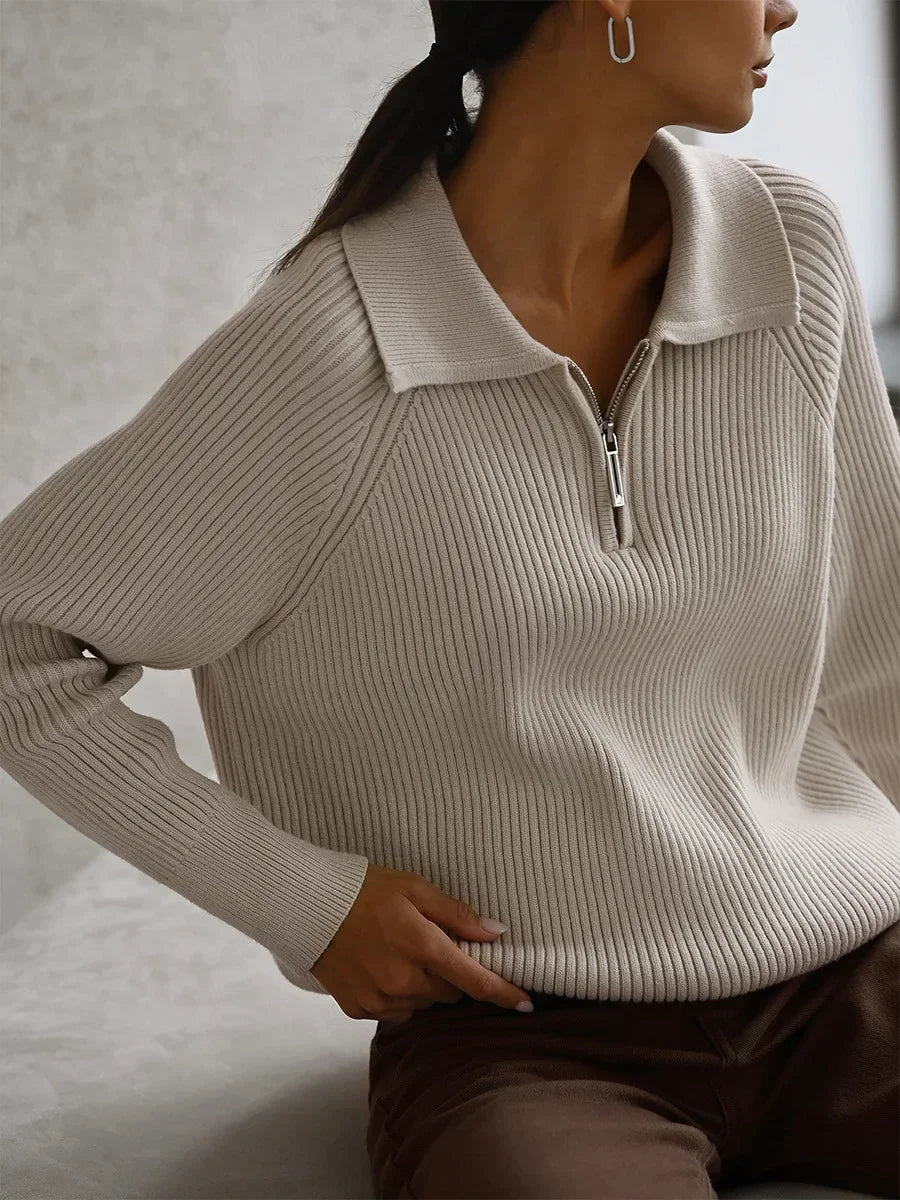 Women's Ribbed Knit Quarter Zip Sweater, Wide Collar Relaxed Pullover