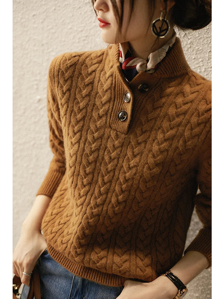 Women's Cable Knit Button Neck Sweater, Stand Collar Henley Pullover