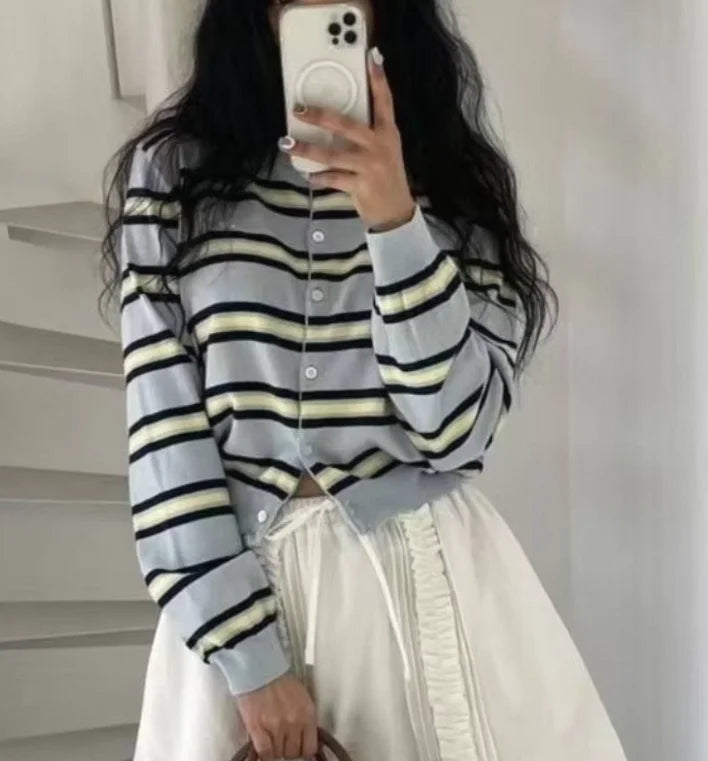 Women's Striped Open-Front Cardigan, Oversized Winter Cardigan