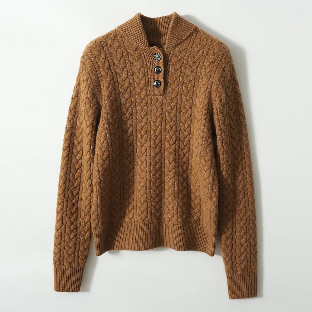 Women's Cable Knit Button Neck Sweater, Stand Collar Henley Pullover