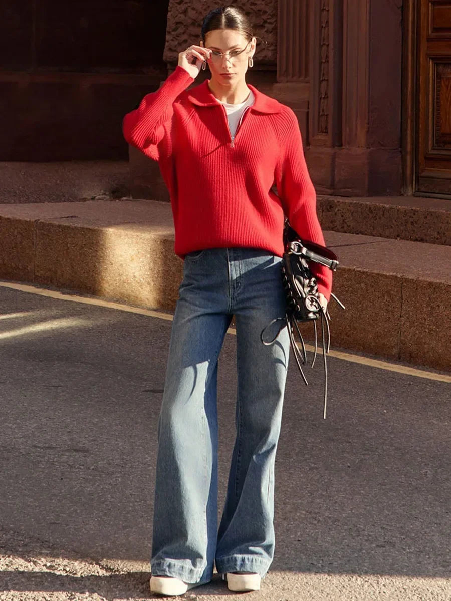 Women's Ribbed Knit Quarter Zip Sweater, Wide Collar Relaxed Pullover