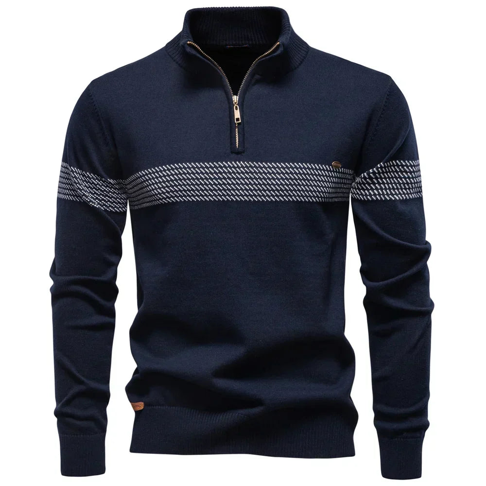 Men's Fine Knit Quarter Zip Sweater, Textured Chest Band Mock Neck Pullover