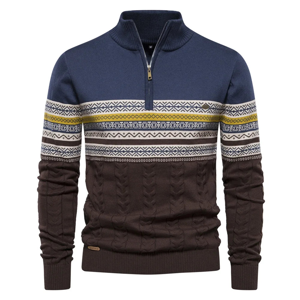 Men's Half-Zip Denim Quarter-Zip Sweater, Fair-Isle Winter Ribbed Pullover