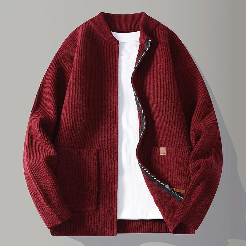 Men's Ribbed Knit Zip Up Jacket, Stand Collar Sweater Jacket