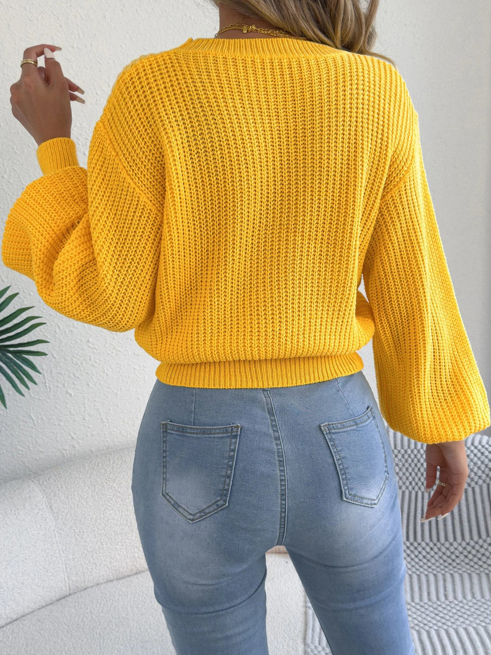 Women's Cropped Cable Knit Sweater, Balloon Sleeve Crewneck Pullover