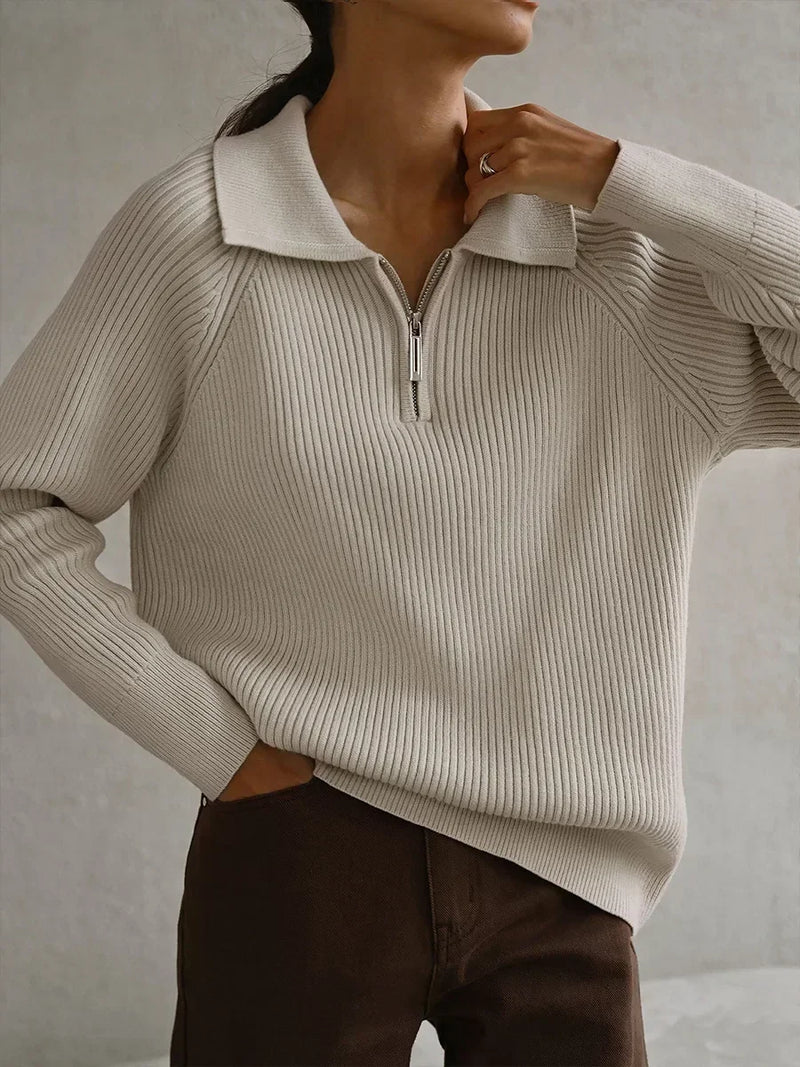 Women's Ribbed Knit Quarter Zip Sweater, Wide Collar Relaxed Pullover
