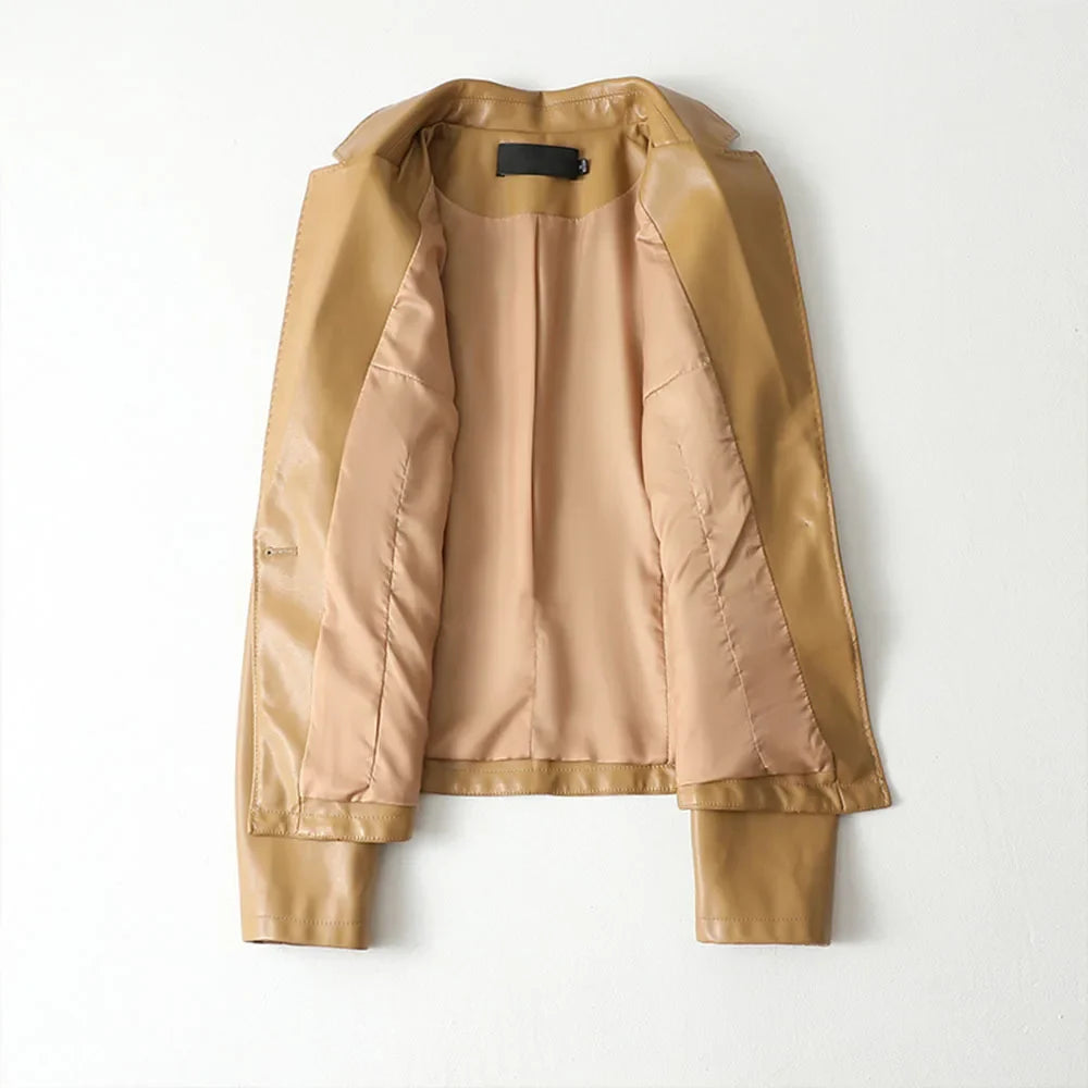 Women's Faux Leather Blazer, One Button Notch Lapel Fitted Office Jacket