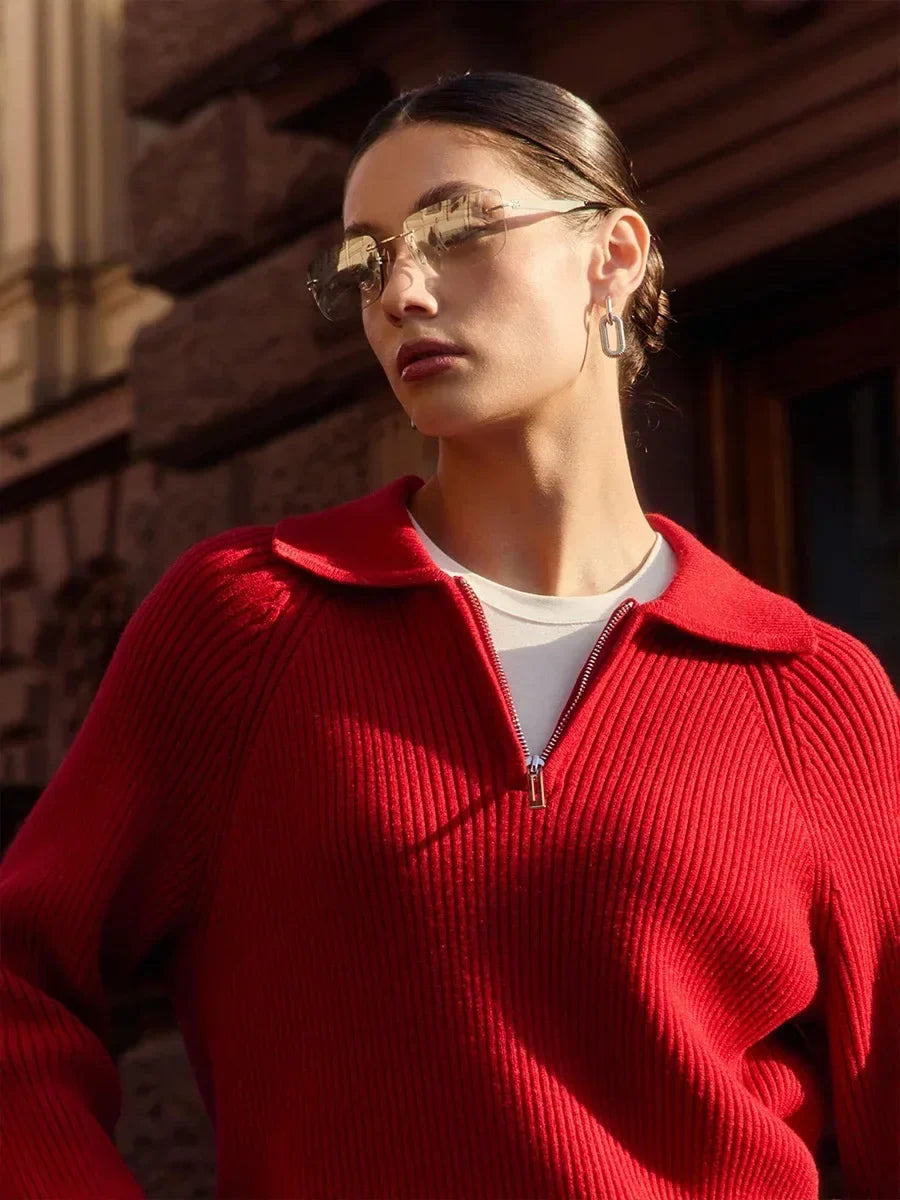 Women's Ribbed Knit Quarter Zip Sweater, Wide Collar Relaxed Pullover