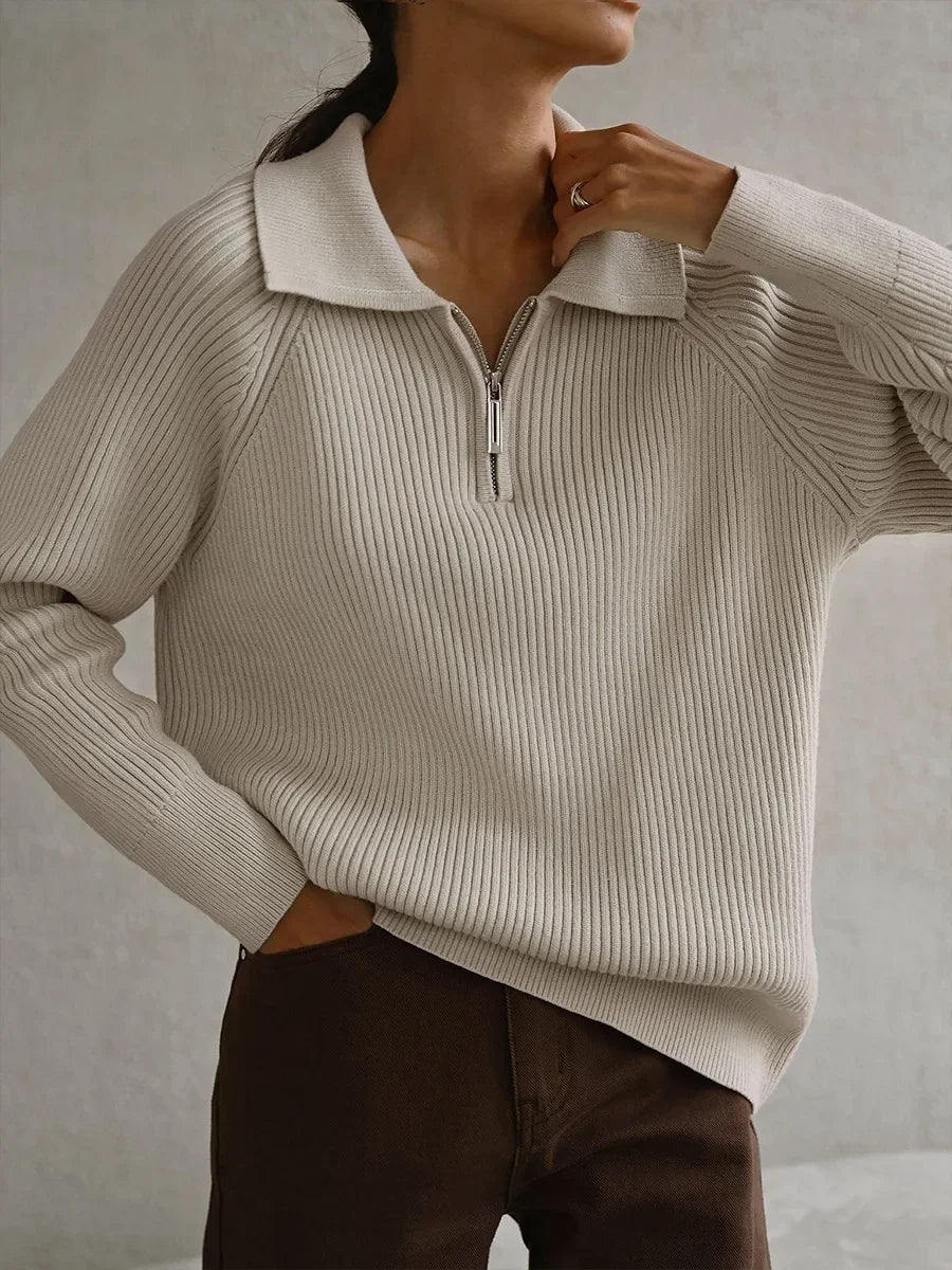 Women's Ribbed Knit Quarter Zip Sweater, Wide Collar Relaxed Pullover
