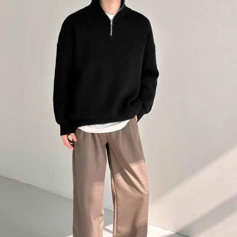 Men's Zip-Up Knit Sweater, Oversized Winter Pullover