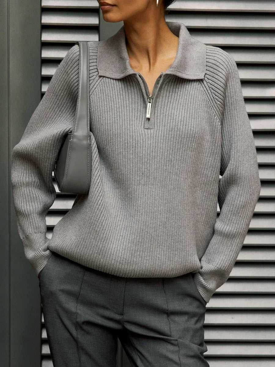 Women's Ribbed Knit Quarter Zip Sweater, Wide Collar Relaxed Pullover