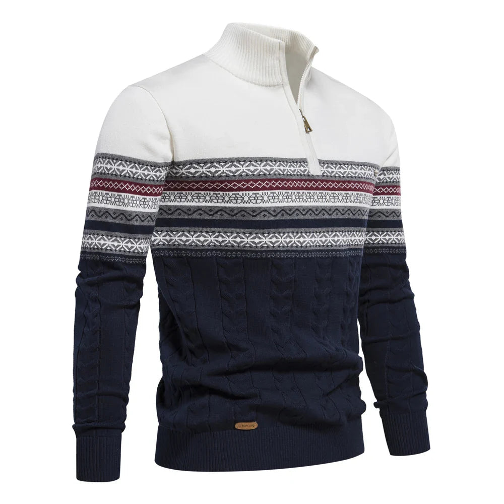 Men's Half-Zip Denim Quarter-Zip Sweater, Fair-Isle Winter Ribbed Pullover