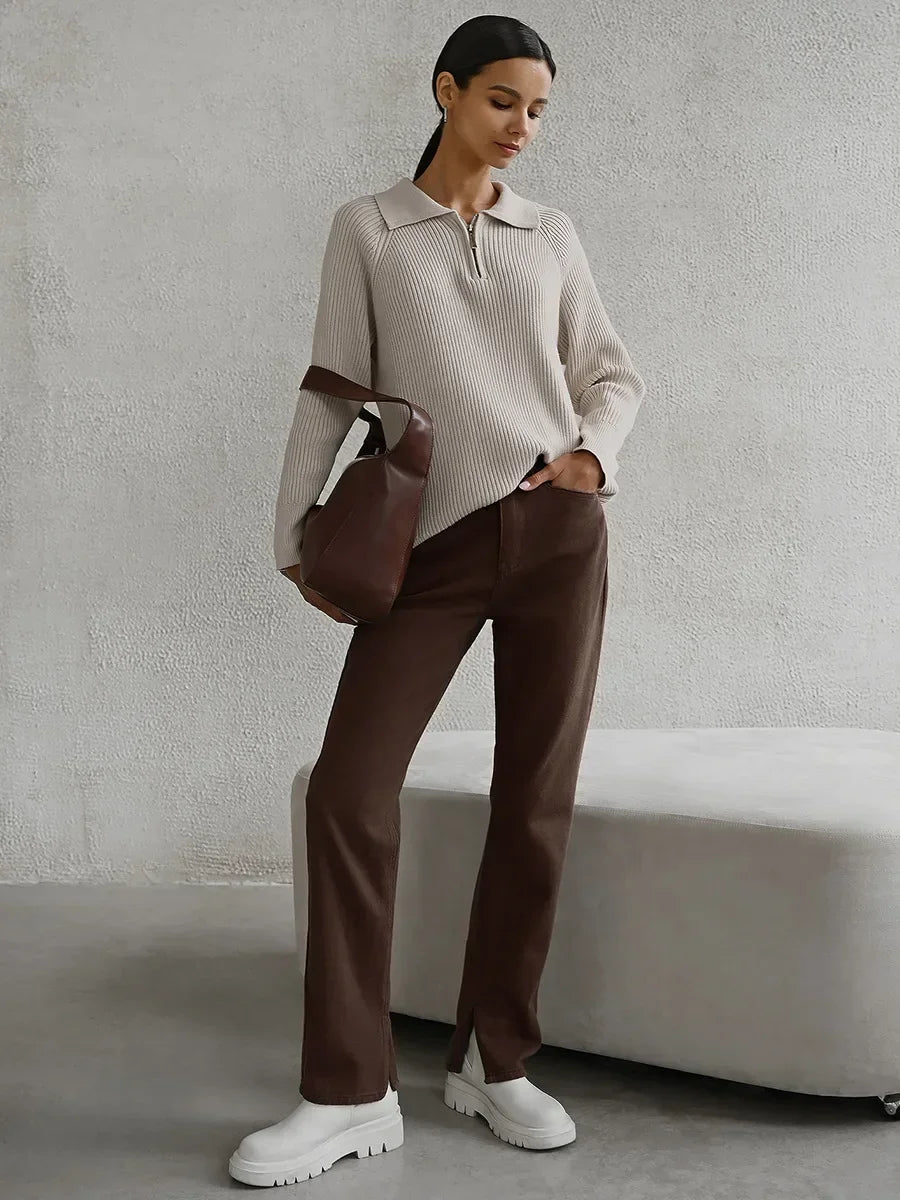 Women's Ribbed Knit Quarter Zip Sweater, Wide Collar Relaxed Pullover
