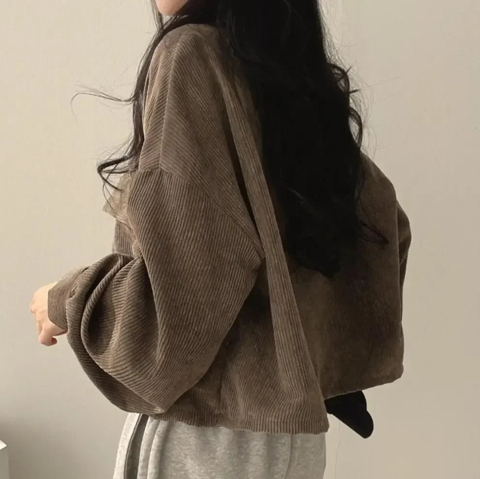 Women's Oversized Corduroy Shirt Jacket, Cropped Button Front Flap Pocket Jacket