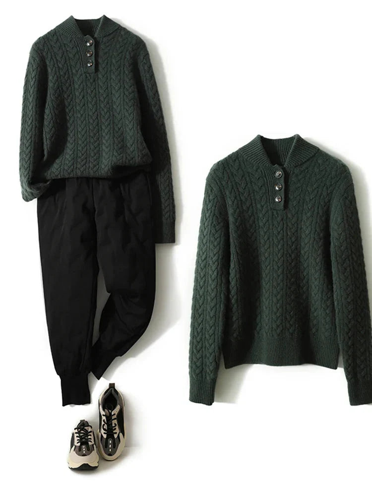 Women's Cable Knit Button Neck Sweater, Stand Collar Henley Pullover