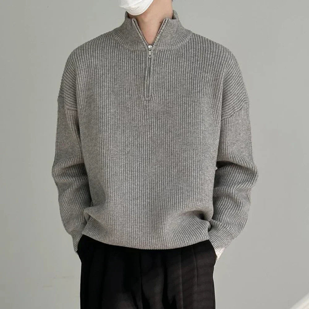 Men's Zip-Up Knit Sweater, Oversized Winter Pullover