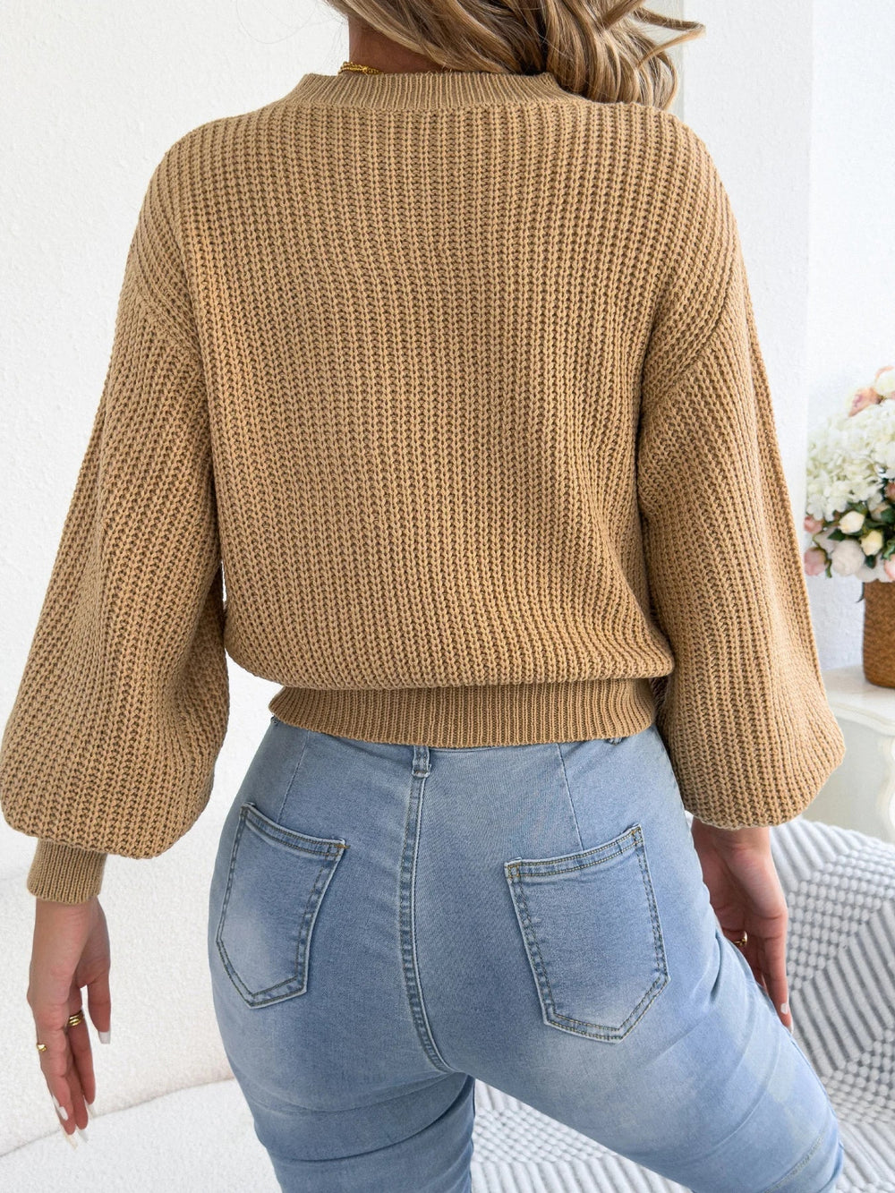 Women's Cropped Cable Knit Sweater, Balloon Sleeve Crewneck Pullover