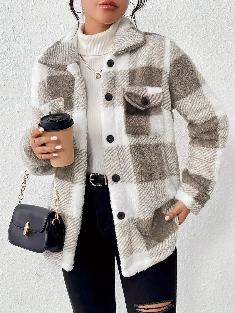 Women's Plaid Fleece Shirt Jacket, Button Front Flap Pocket Oversized Overshirt