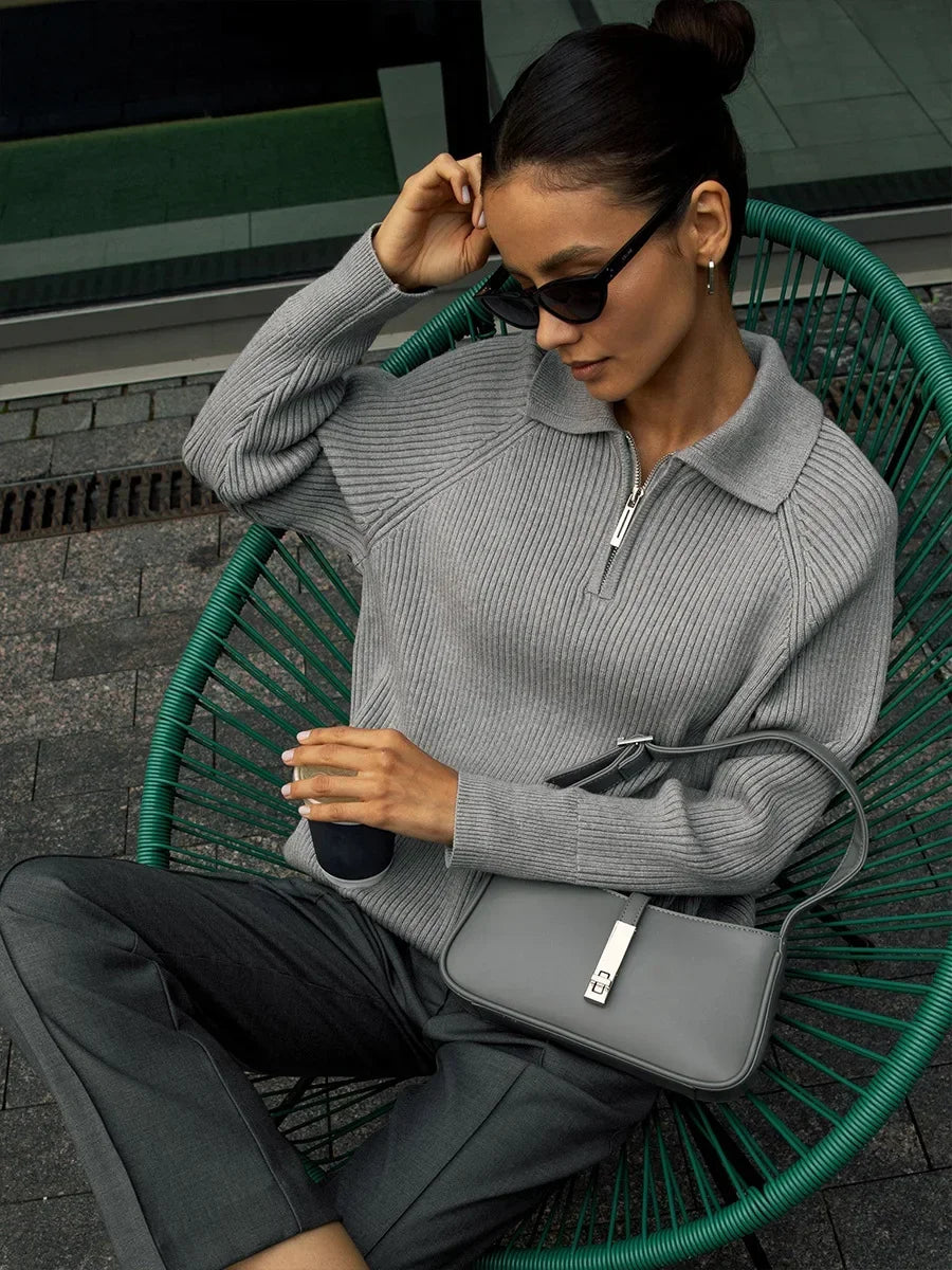 Women's Ribbed Knit Quarter Zip Sweater, Wide Collar Relaxed Pullover