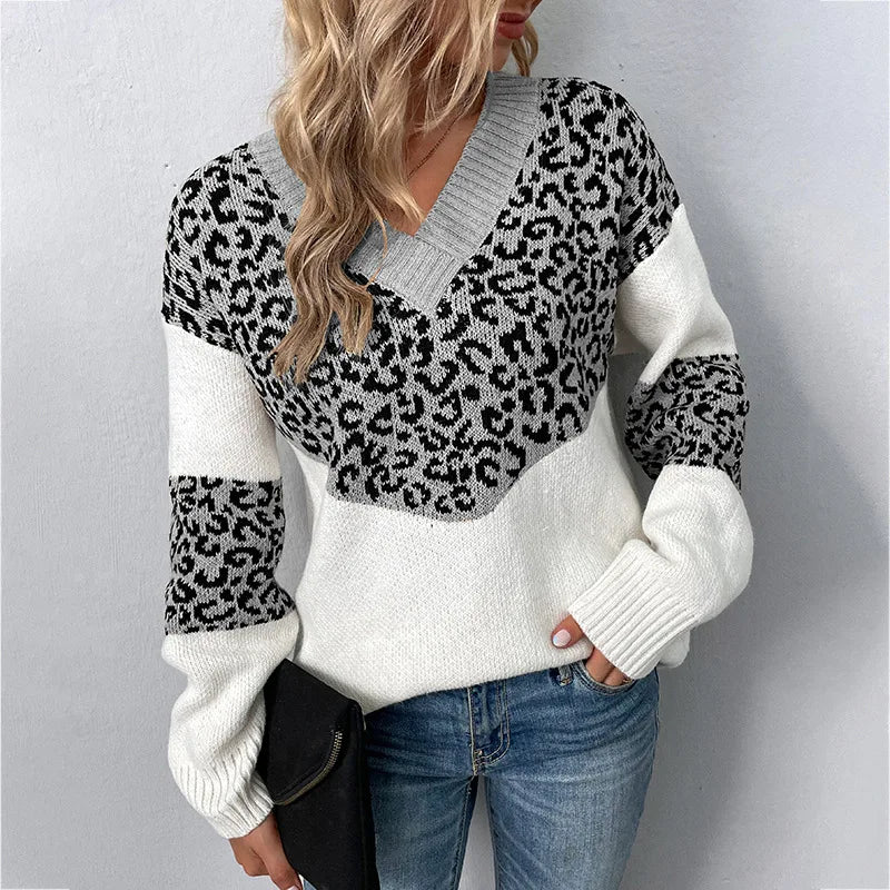 Women's Leopard Print V-Neck Sweater, Color Block Sleeve Stripe Knit Pullover