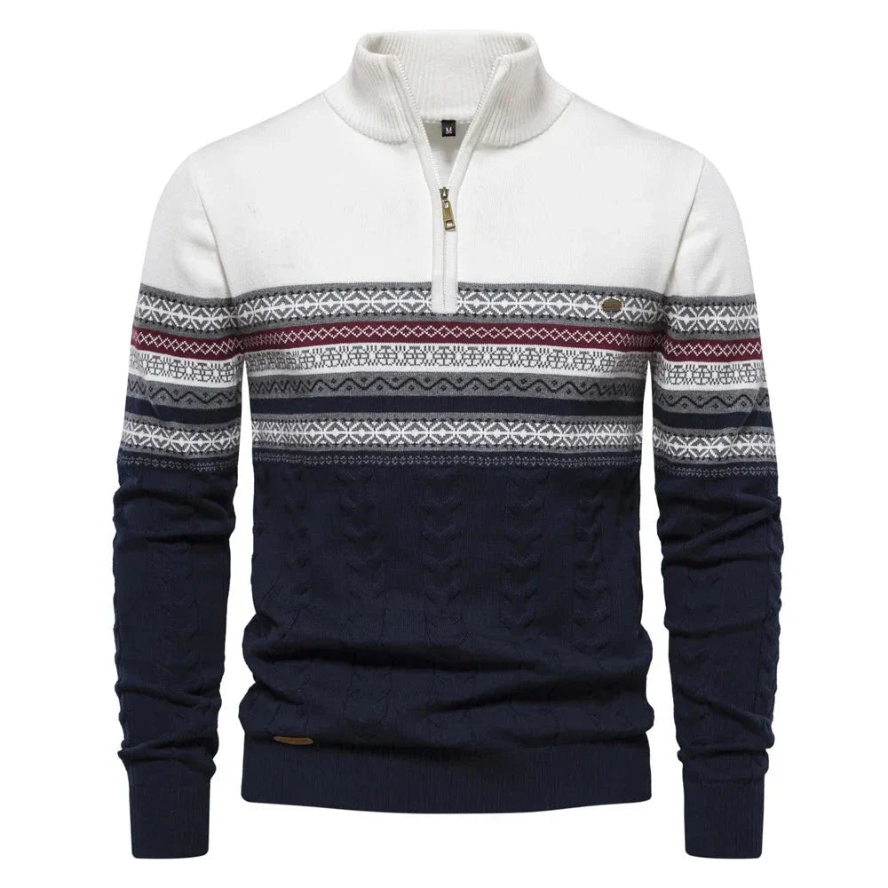 Men's Half-Zip Denim Quarter-Zip Sweater, Fair-Isle Winter Ribbed Pullover