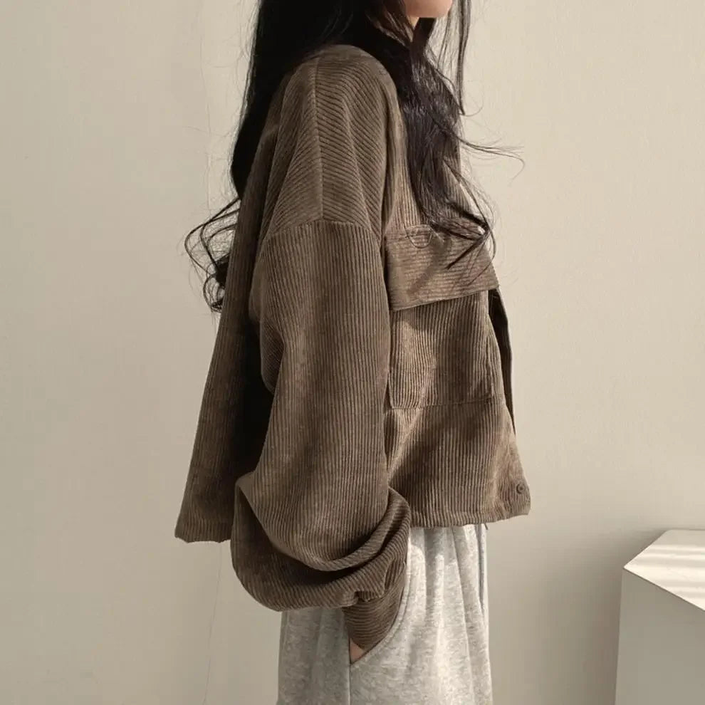 Women's Oversized Corduroy Shirt Jacket, Cropped Button Front Flap Pocket Jacket