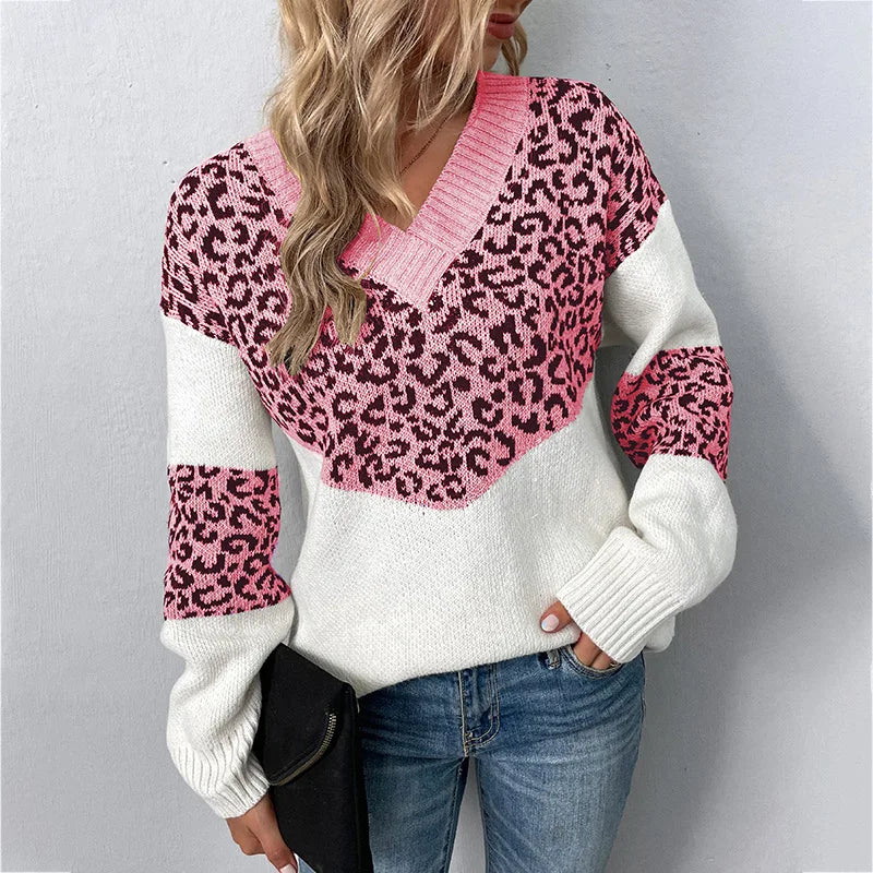 Women's Leopard Print V-Neck Sweater, Color Block Sleeve Stripe Knit Pullover