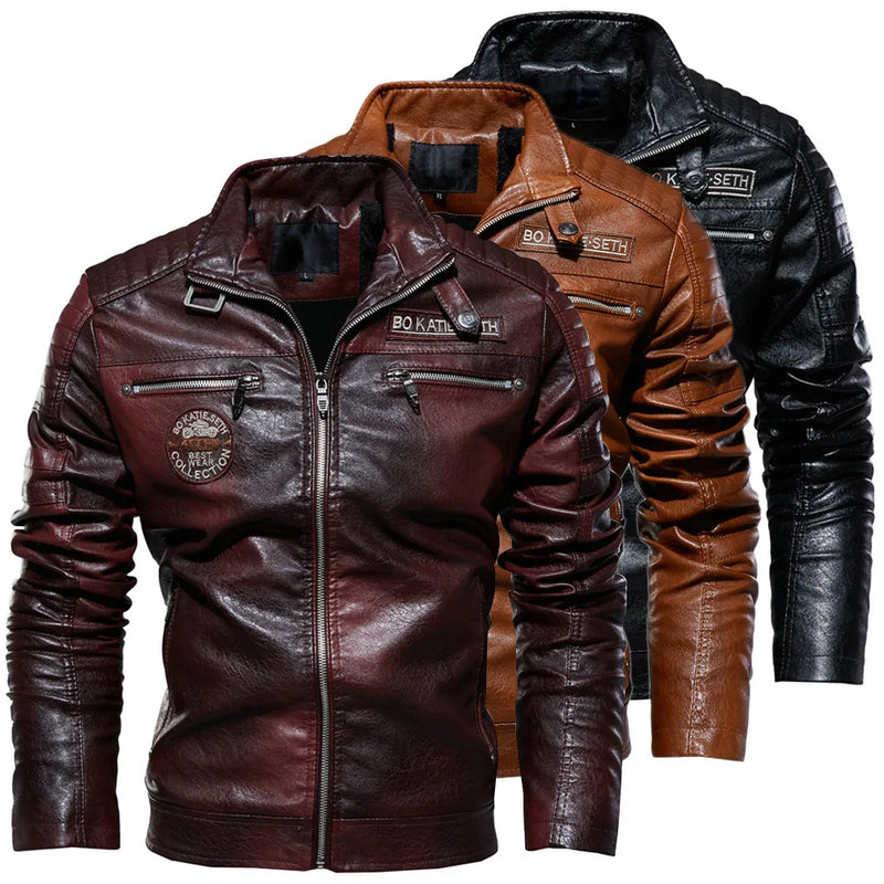 Men's Faux-Leather Racer Jacket, Zip-Up Winter Jacket